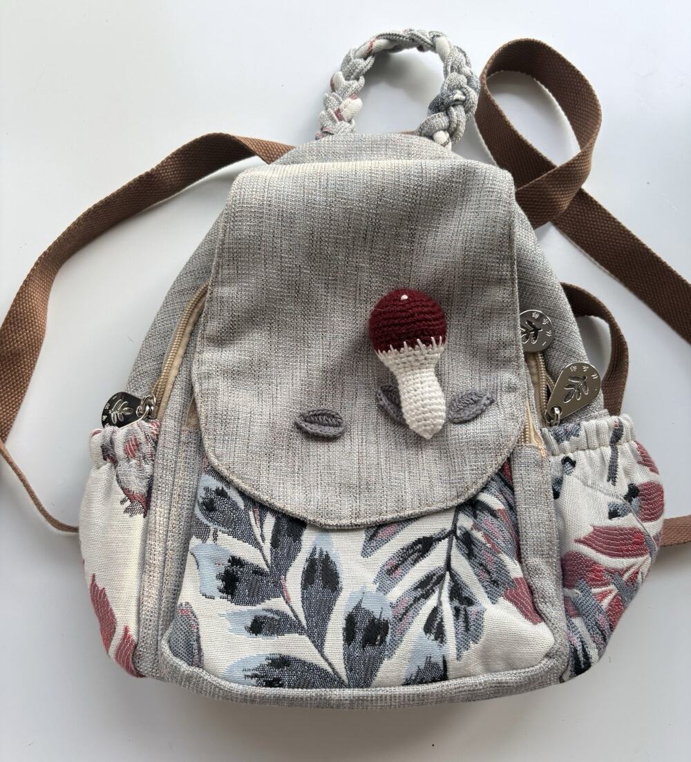 Mini Backpack Purse Crochet Mushroom Detail Boho Fabric Hippie Festival